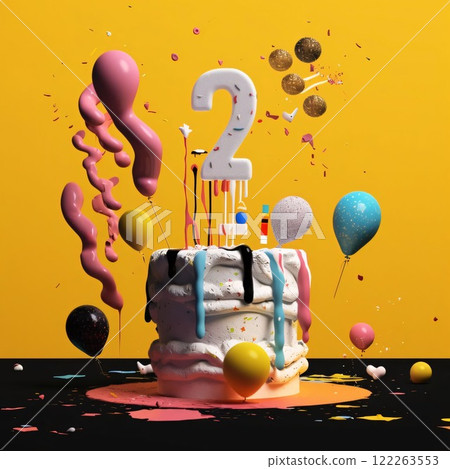 Number 2 birthday cake with balloons and confetti, 3d render 122263553