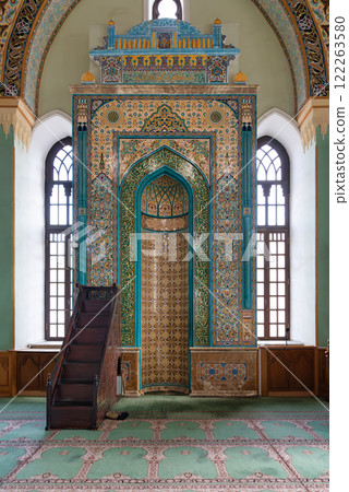 Interior of Taza Pir Mosque in Baku, Azerbaijan, with ornate dome and intricate architecture 122263580