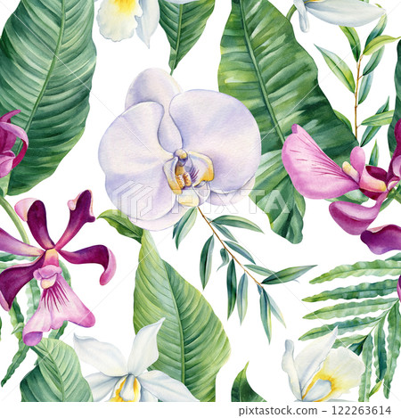 seamless floral pattern orchid flower tropical greenery watercolor exotic botanical design textiles wrapping paper print 122263614