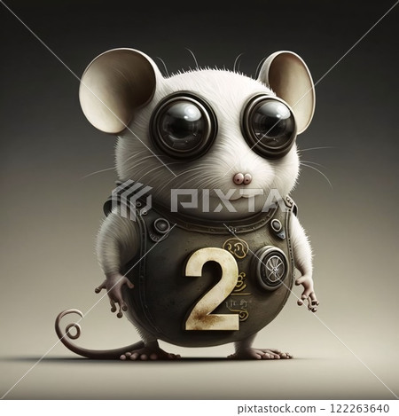 Cute little white mouse wearing a helmet with numbers 2 on a gray background 122263640