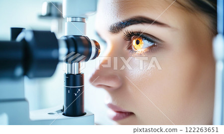 A woman undergoing an eye examination using eye examination equipment 122263651