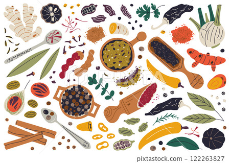 Vibrant spices vector illustrations set, various herbs, seeds, and seasonings like turmeric, ginger, cinnamon in wooden spoons and bowls. Doodle collection for culinary, cooking, and food themes 122263827