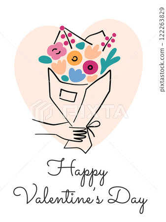 Valentines Day greeting card, vector illustration of minimalist floral bouquet with a heart background and elegant text. Valentine card for love, romance, celebration themes, isolated colored clipart 122263829