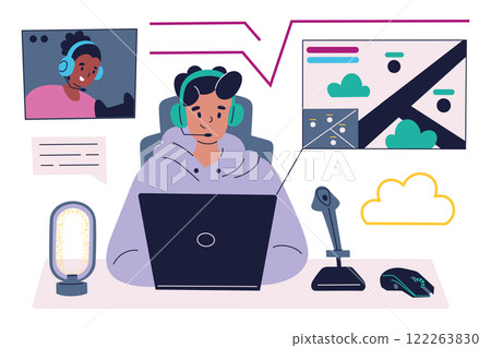 Gaming vector illustration, gamer wearing headset with microphone, working on laptop, playing online games, streaming video. Flat cartoon design for technology, entertainment, esports themes 122263830