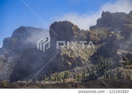 road in fog to volcano Teide on Tenerife island. Canary road in fog to volcano Teide on Tenerife island. Canary 122263882