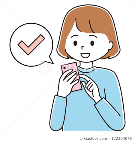 Illustration of a woman operating a smartphone, check, complete, colorful Illustration of a woman operating a smartphone, check, complete, colorful 122264076