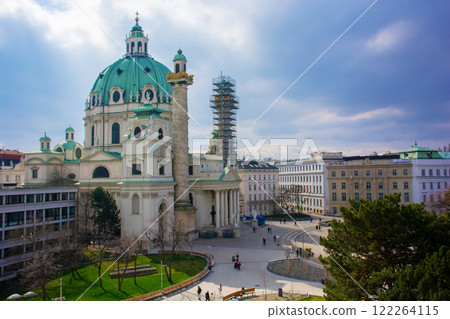 view from above of St. Charles's Cathedral in Vienna and the square near it. Karlskirche 122264115