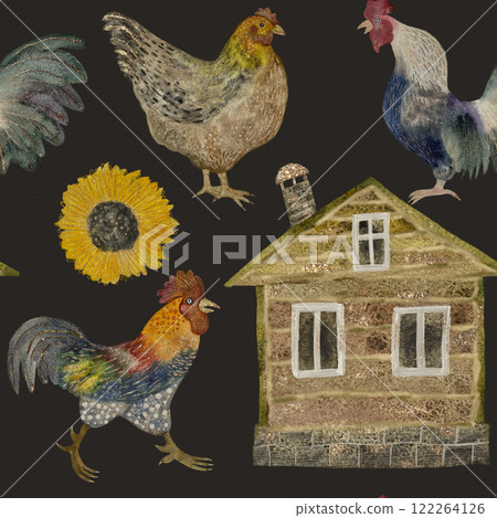 Decorative colorful roosters and hens, yellow sunflowers and wooden house, rustic watercolor seamless pattern 122264126