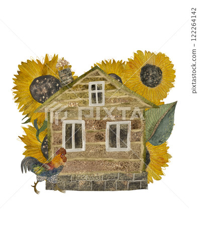 Village scene: log house, yellow sunflowers and colorful rooster, watercolor isolated object on white background 122264142