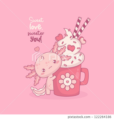 Cute pink Axolotl Hugging Mug Sweet Dessert with whipped cream, sprinkles, hearts. Funny little cartoon kawaii character. Vector illustration. Romantic cool valentine card. 122264186