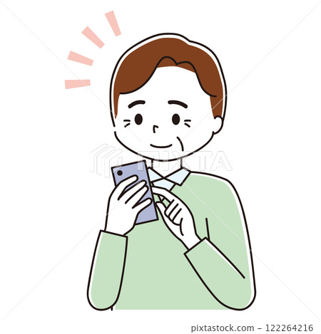 一位老人注意到輕敲他的智慧型手機的彩色插圖 122264216