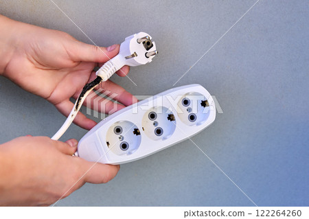 Overloaded extension cords, burnt power cord with tee. Overloaded extension cords, burnt power cord with tee. 122264260