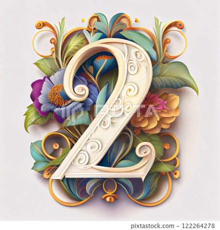 Vector capital letter 2 with flowers and leaves in the style of baroque 122264278