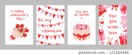 Happy Valentines Day vertical greeting cards set with bouquet of flowers, garlands, cake, gift boxes and soft toys. Romantic collection. Cute holiday banner, invitation templates. Vector illustration 122264366