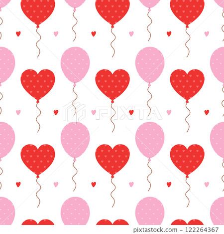 Seamless pattern with romantic balloons on white background. Pink and red heart shape balloons for Valentines day, birthday, anniversary. Vector flat illustration for wallpaper, textile, packaging 122264367