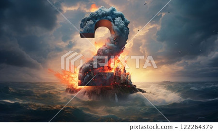 Concept or conceptual 3D illustration of a nuclear power plant explosion or fire in the sea at sunset 122264379