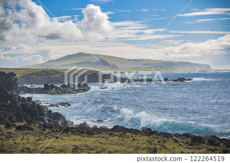 Ocean and Rano Raraku volcano on Easter Island 122264519