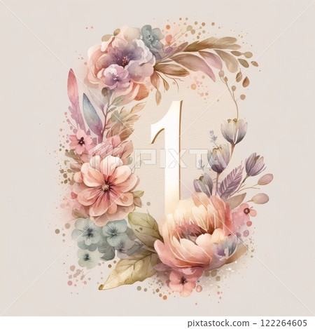Watercolor Floral Number 1. Hand Drawn Floral Number 1. Watercolor Floral Number 1. Hand Drawn Floral Number 1. 122264605