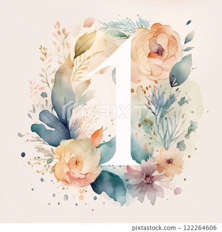 Number one with watercolor flowers and leaves. Hand drawn vector illustration. Number one with watercolor flowers and leaves. Hand drawn vector illustration. 122264606