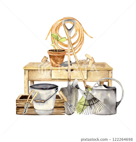 Gardening table with tools Gardening table with tools 122264698