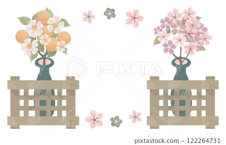 水彩櫻花和橘裝飾和桃花框(女兒節材料) 水彩櫻花和橘裝飾和桃花框(女兒節材料) 122264731