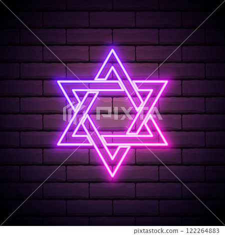 Glowing neon line Star of David icon isolated on brick wall background. Jewish religion symbol. Symbol of Israel. Vector Illustration Glowing neon line Star of David icon isolated on brick wall background. Jewish religion symbol. Symbol of Israel. Vector Illustration 122264883