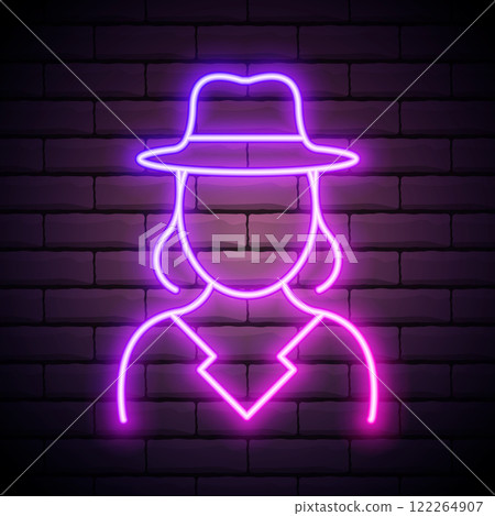 Glowing neon Orthodox jewish hat with sidelocks icon isolated on brick background. Jewish men in the traditional clothing. Judaism symbols. Vector 122264907