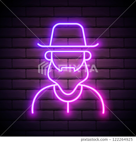 Glowing neon Orthodox jewish hat with sidelocks icon isolated on brick background. Jewish men in the traditional clothing. Judaism symbols. Vector 122264925