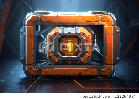 3D rendering of an orange futuristic robot with a number one sign 122264954