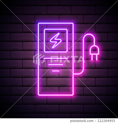 Electric car charging station sign. Pink neon icon in the dark brick background. Blurred lightening. Illustration. 122264955