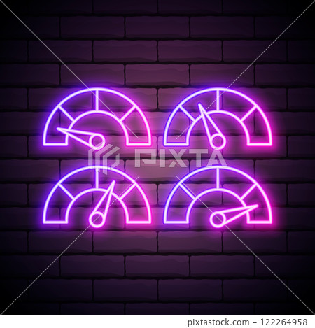 Futuristic neon customer satisfaction meter, speedometer. The concept of low-risk, low, medium or high risk on the speedometer Vector illustration. Futuristic neon customer satisfaction meter, speedometer. The concept of low-risk, low, medium or high risk on the speedometer Vector illustration. 122264958