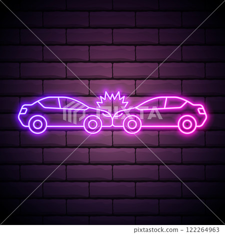 Glowing neon line Car accident icon isolated on brick wall background. Auto accident involving two cars. Vector Glowing neon line Car accident icon isolated on brick wall background. Auto accident involving two cars. Vector 122264963
