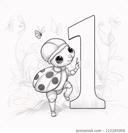 Cute little ladybug with a number one. Black and white vector illustration. Cute little ladybug with a number one. Black and white vector illustration. 122265008