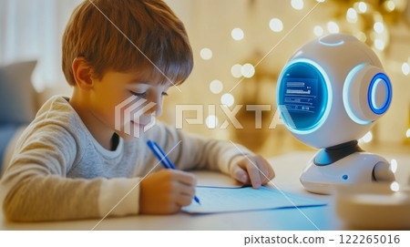 Schoolboy engages with a social robot projecting study material in a softly lit, cozy environment, AI companionship concept 122265016