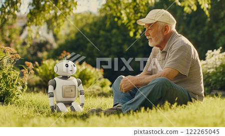 Elderly man shares his thoughts with a robot companion in a vibrant garden under clear skies, AI companionship concept 122265045