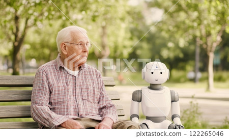 An elderly man enjoys a sunny day on a park bench, accompanied by a social robot, alleviating loneliness, AI companionship concept 122265046