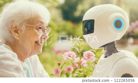 An elderly person smiles while interacting with a social robot surrounded by colorful flowers and greenery, AI companionship concept 122265056