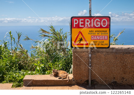 Warning board and a cat, Ponta do Pargo, Madeira Warning board and a cat, Ponta do Pargo, Madeira 122265148