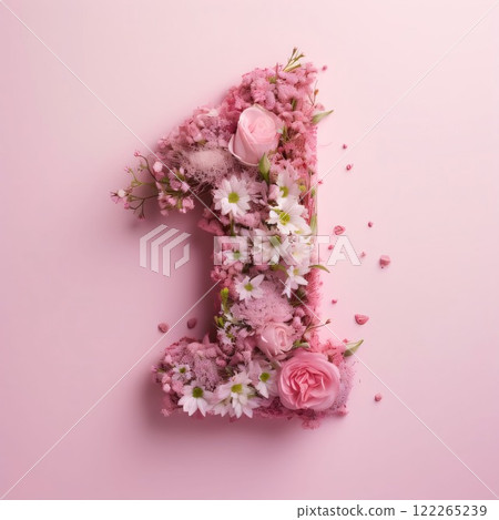 Number 1 made of flowers and petals on pink background, flat lay Number 1 made of flowers and petals on pink background, flat lay 122265239