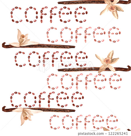 word coffee written with the beans and vanilla bean with flowers watercolor seamless border isolated on white. Great for containers, restaurant and cafe menu wall decor, advertisements, packaging 122265241