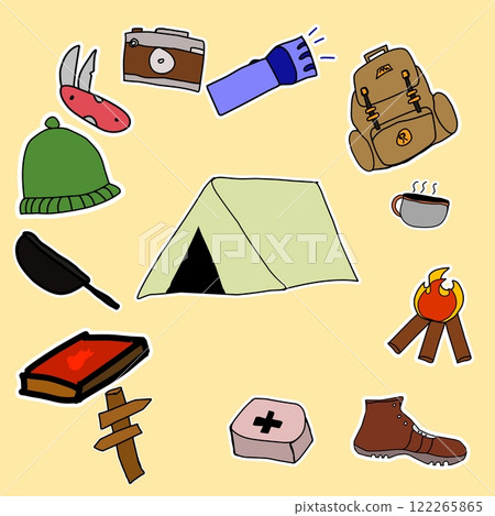 Collection of camping gear, including a tent, backpack, flashlight, camera, hat, campfire, book, and mug. Ideal for outdoor adventures, travel, hiking, and camping themes Collection of camping gear, including a tent, backpack, flashlight, camera, hat, campfire, book, and mug. Ideal for outdoor adventures, travel, hiking, and camping themes 122265865