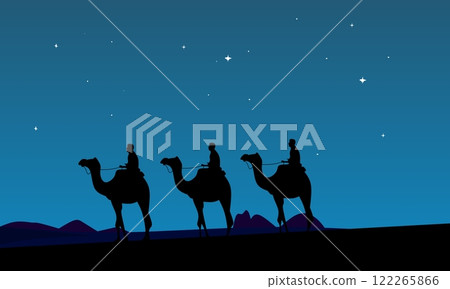 Silhouette of three camels with riders walking in the desert under a starry night sky. Perfect for travel, adventure, nomadic lifestyle, and cultural themes 122265866