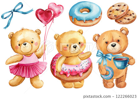 Festive Teddy bears on isolated background for Valentine's Day, cute set with bears painted watercolor, sweet clipart Festive Teddy bears on isolated background for Valentine's Day, cute set with bears painted watercolor, sweet clipart 122266023