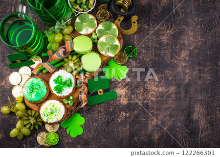 St. Patricks Day party food, green beer and shamrock St. Patricks Day party food, green beer and shamrock 122266301