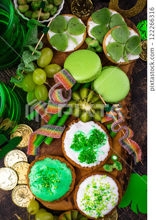 St. Patricks Day party food, green beer and shamrock St. Patricks Day party food, green beer and shamrock 122266316