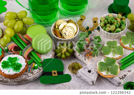 St. Patricks Day party food, green beer and shamrock St. Patricks Day party food, green beer and shamrock 122266342