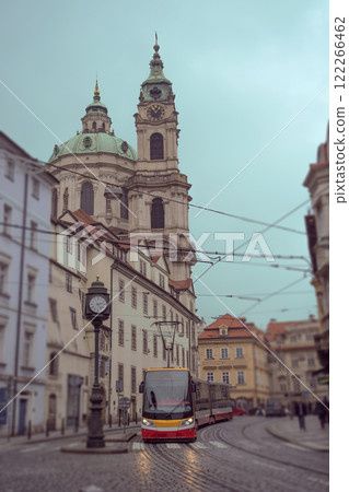 Twilight in winter Prague.   City tram 122266462