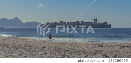 Cargo ship with containers of goods at sea. International trade sea route. 122266465