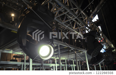 concert lighting fixtures on stage for shows. concert lighting fixtures on stage for shows. 122266508