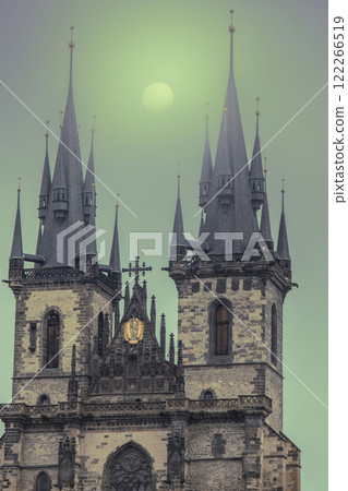 Tyn Church in mystical Prague in foggy weather. 122266519